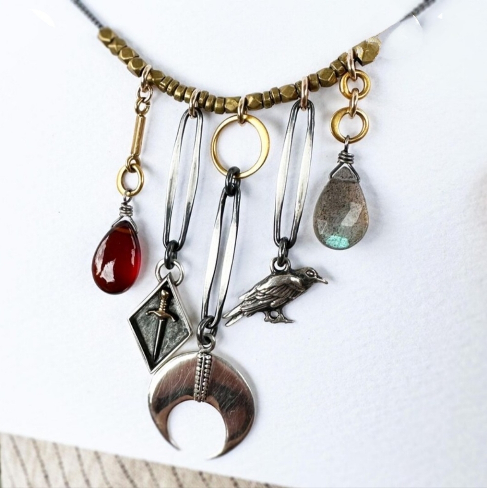 Crescent Moon with Sword and Raven Charm Necklace
